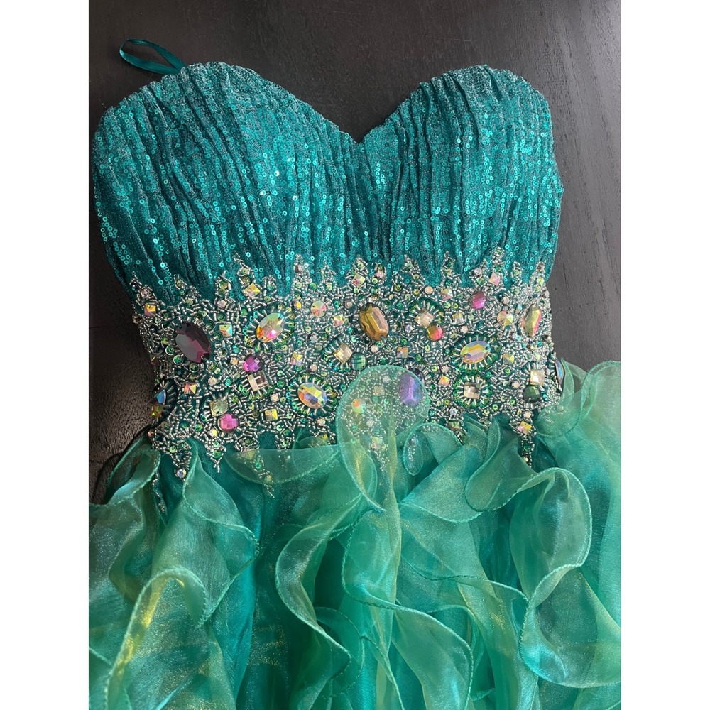 Emerald Green High Low Dress Sequin Crystal Embellished Ruffle Gown Strapless SM - Picture 3 of 17